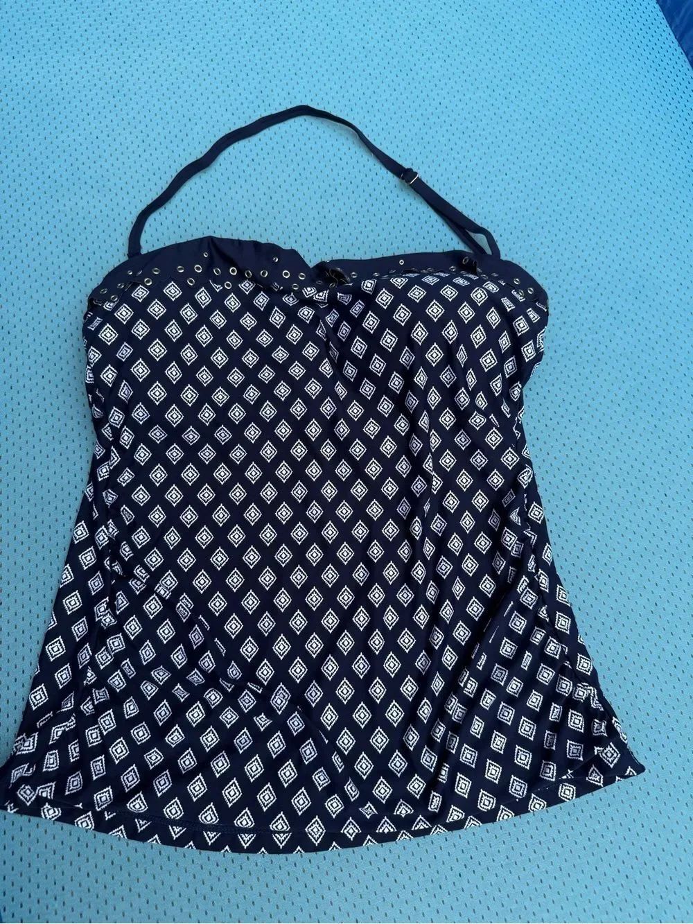 Anne Cole Navy and White Geometric Swim Top with Gold Accent & Strap - L -